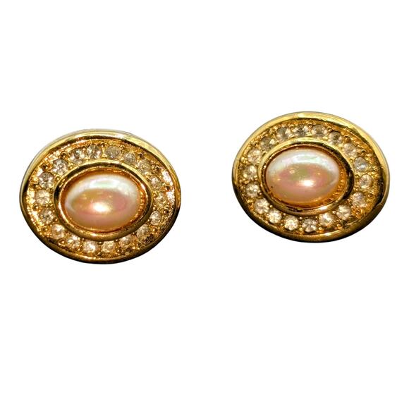 VTG Chr. Dior Gold Plated Petite Crystal Rhinestone Faux Pearl Clip On Earrings - Picture 1 of 7